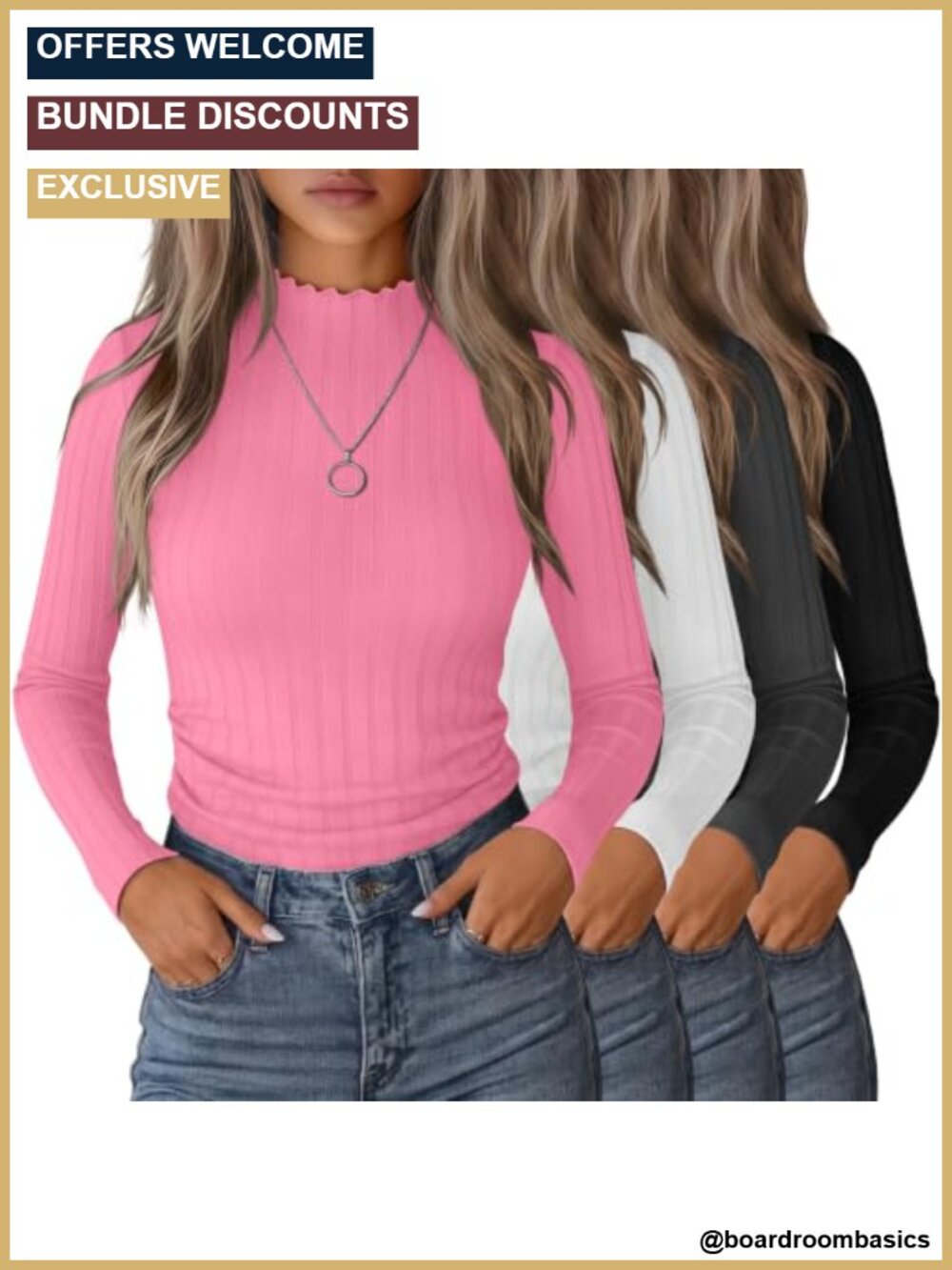 Mock Neck Long Sleeve Tops 4 Pack Ribbed Slim Fit Women Shirts